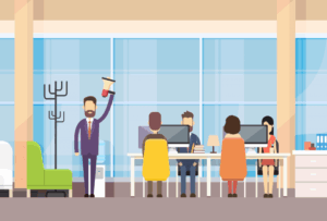 Illustration of people sitting using a desktop with a person using a megaphone