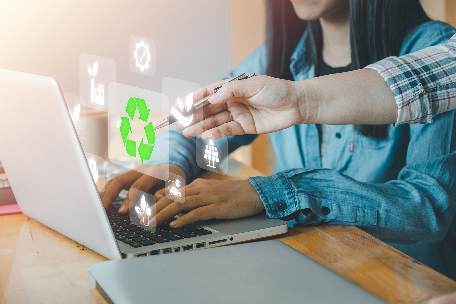 Person Using Laptop Green Recycling Icons