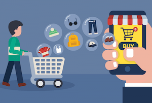 Illustration showing man pressing buy on mobile phone and items pouring into a trolley