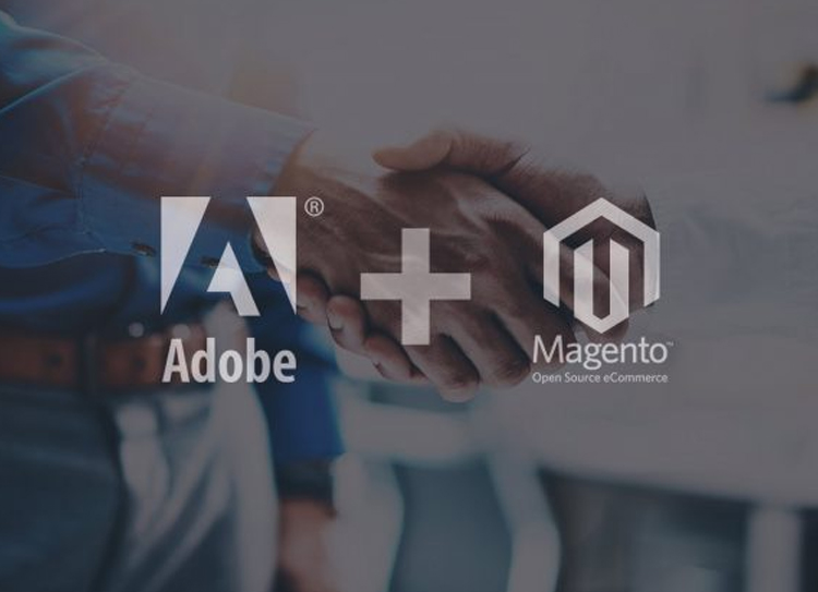 Adobe logo with Magento logo and plus sign in between - background shaking hands