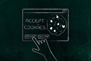 Accept Cookies white Illustration on black background - finger pointing towards accept button