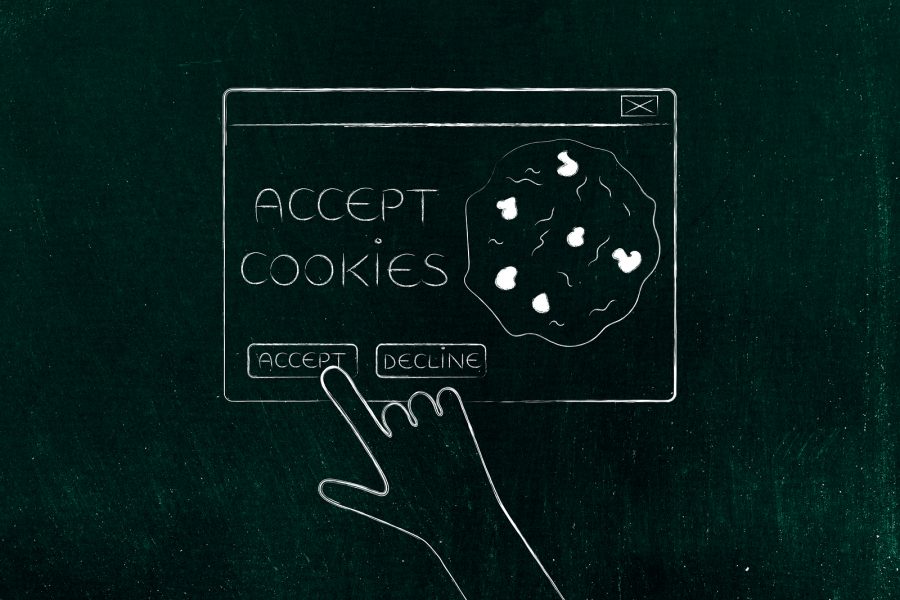 Accept Cookies white Illustration on black background - finger pointing towards accept button