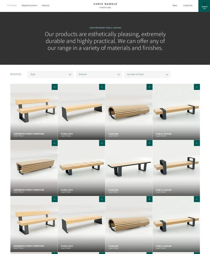 Verve Our Work Portfolio Chris Nangle website featuring a range of the benches that they sell